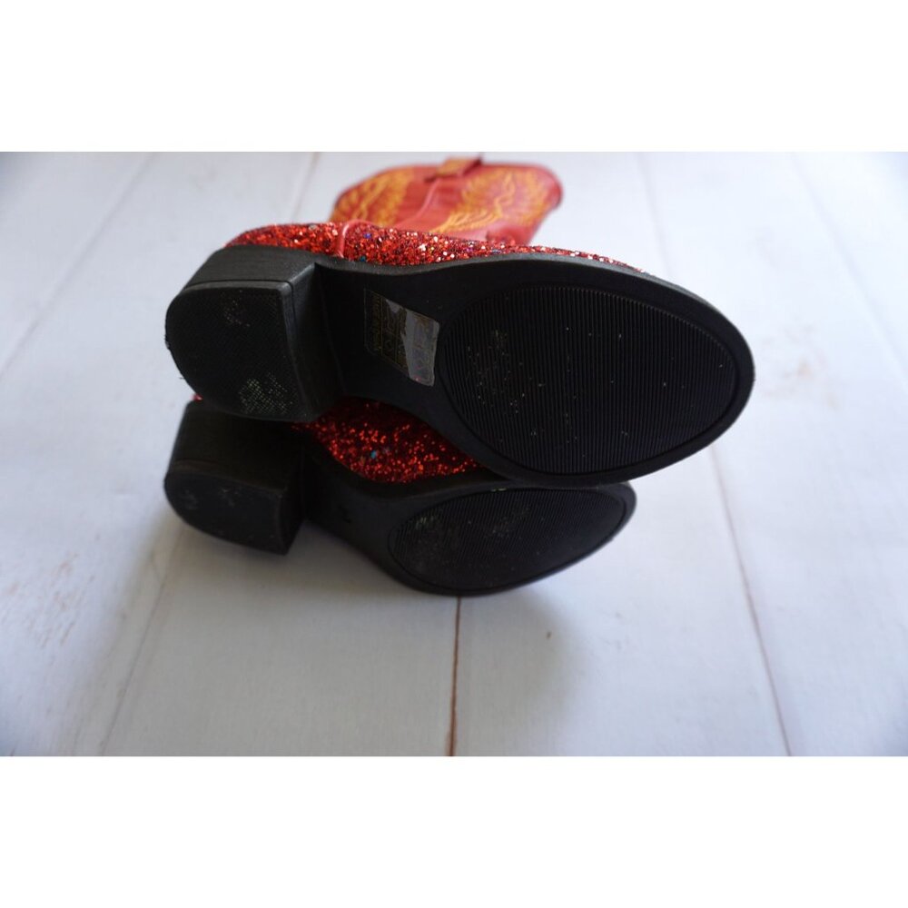 Cowboy Boots Red Glitter w/ Embroidered Design Western Style - Size 12 - Picture 5 of 13